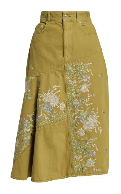 Erdem Embroidered Denim Midi Skirt In Multi