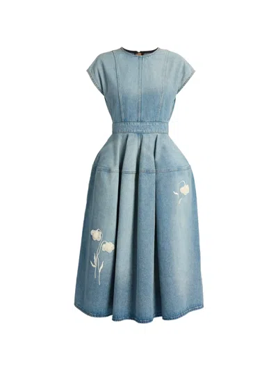 Erdem Embroidered Denim Short Sleeve Midi Dress In Multi