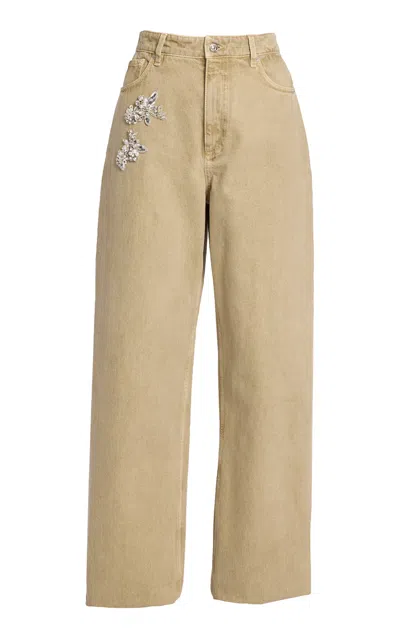 Erdem Embroidered Denim Wide-leg Jeans In Brown