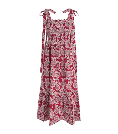 Erdem Floral Embroidered Tiered Cotton Blend Midi Sundress In Red