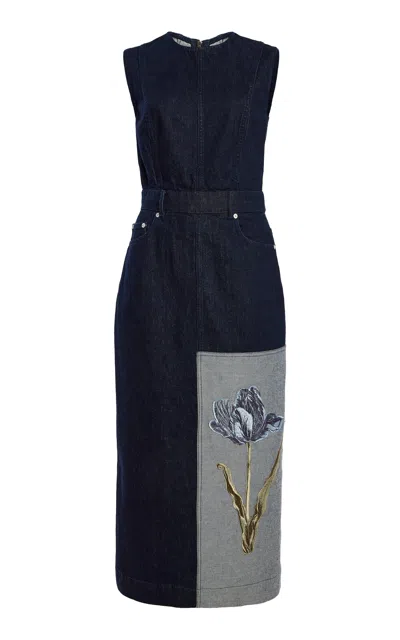 Erdem Embroidered Fluted Cotton Midi Dress In Blue