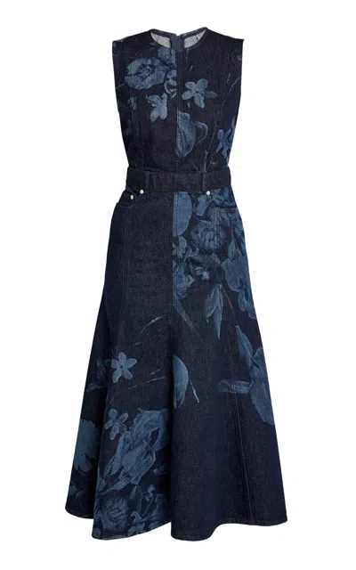 Erdem Embroidered Fluted Denim Midi Dress In Blue