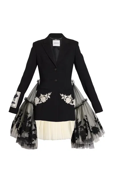 Erdem Embroidered Grain De Poudre & Tulle Jacket In Black