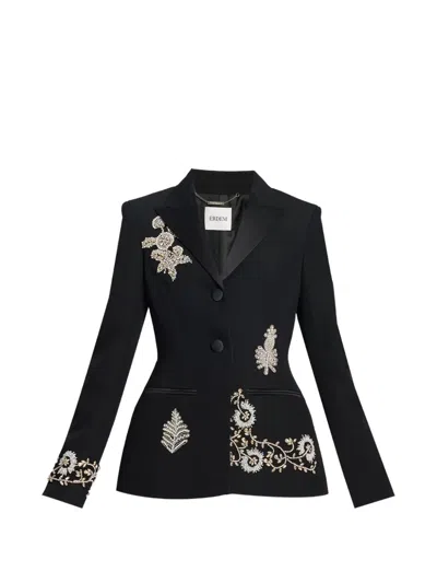 Erdem Embroidered Grain De Poudre Peak-lapel Blazer In Black