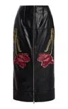 Erdem Embroidered Leather Pencil Midi Skirt In Black