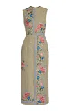 Erdem Embroidered Linen Pencil Midi Dress In Neutral