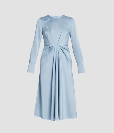 Erdem Embroidered Long Sleeve Draped Midi Dress In Blue