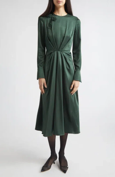 Erdem Embroidered Long Sleeve Satin Seersucker Midi Dress In Green