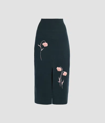 Erdem Embroidered Midi Pencil Knit Skirt In Gold