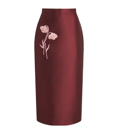 Erdem Embroidered Mikado Midi Pencil Skirt In Burgundy