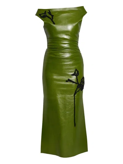 Erdem Embroidered Off-shoulder Leather Midi Dress In Green