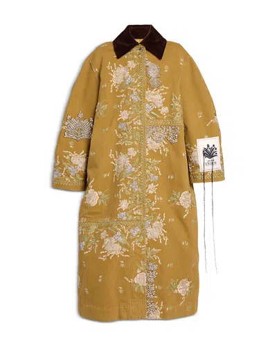 Erdem Embellished Corduroy-trimmed Embroidered Denim Coat In Brown