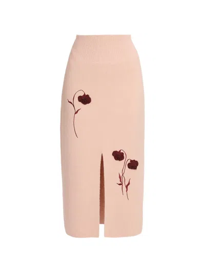 Erdem Embroidered Pencil Midi Skirt In Brown