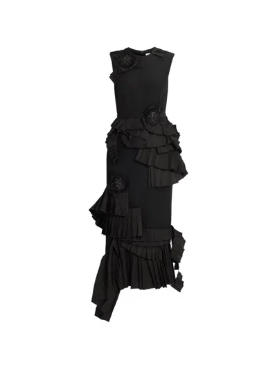 Erdem Embroidered Ruffled Dress In Black