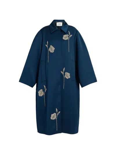 Erdem Embroidered Satin Coat In Blue