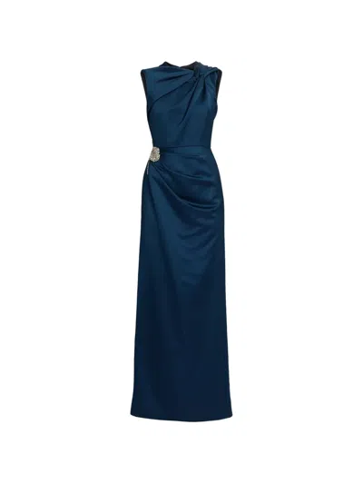 Erdem Embroidered Heavy Satin Sleeveless Pencil Gown In Blue