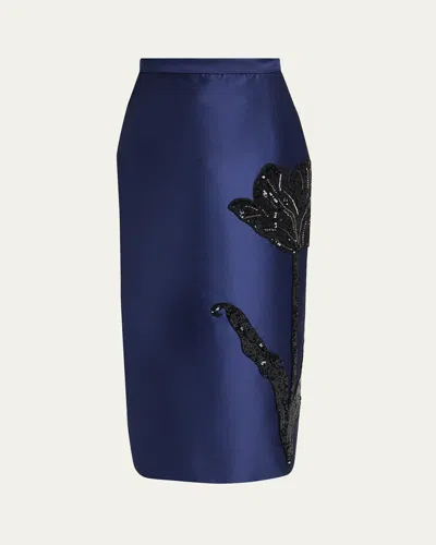 Erdem Embroidered Satin Midi Pencil Skirt In Blue