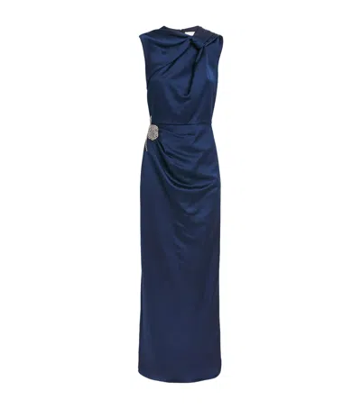 Erdem Embroidered Satin Pencil Gown In Blue