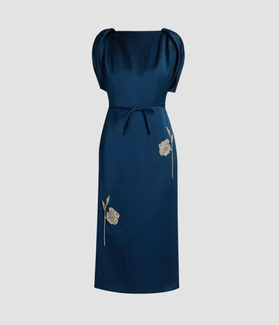 Erdem Embroidered Satin Short Sleeve Midi Dress In Animal Print