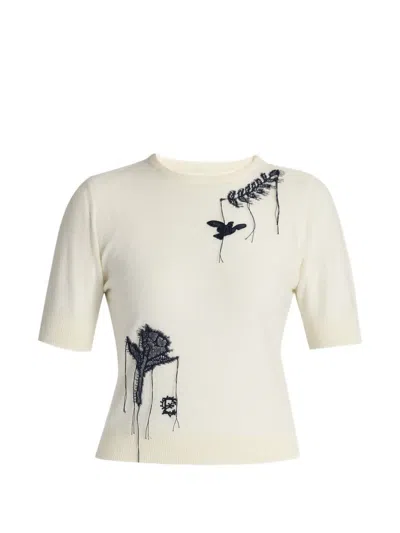 Erdem Embroidered Short-sleeve Sweater In White