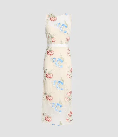 Erdem Embroidered Shredded Mesh Pencil Midi Dress In Blue