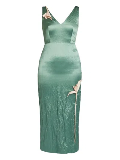 Erdem Embroidered Sleeveless Satin Midi Dress In Green