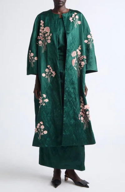 Erdem Embroidered Textured Satin Coat In Green