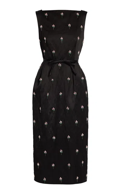 Erdem Embroidered Textured Satin Midi Dress In Black