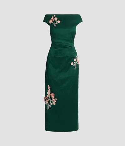 Erdem Embroidered Textured Satin Midi Pencil Dress In Green