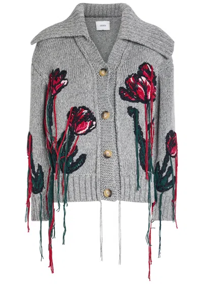 Erdem Embroidered Wool And Cotton-blend Cardigan In Gray
