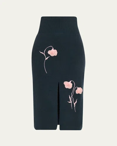 Erdem Embroidered Wool Knit Midi Pencil Skirt In Transparent