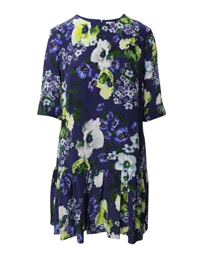 Pre-owned Erdem Emmie Floral Print Short Sleeve Dress In Blue Silk