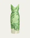 Erdem Face-print Sleeveless Crinkle Satin Midi Cocktail Dress In Green
