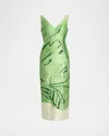 Erdem Face-print Sleeveless Crinkle Satin Midi Cocktail Dress In Green