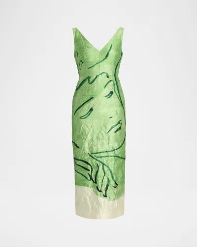 ERDEM FACE-PRINT SLEEVELESS CRINKLE SATIN MIDI COCKTAIL DRESS