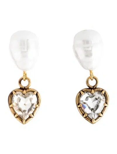 Pre-owned Erdem Faux Pearl & Crystal Heart Drop Earrings In White