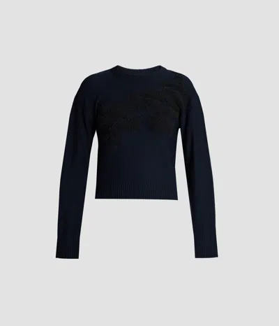 Erdem Cropped Crewneck Jumper In Extra Fine Merino Wool With Jacquard Floral Motifs In Blue