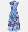 Erdem Floral Print Sleeveless Crinkled Satin Midi Dress In Blue