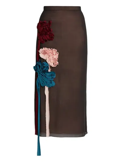 Erdem Floral-appliqué Midi Skirt In Brown
