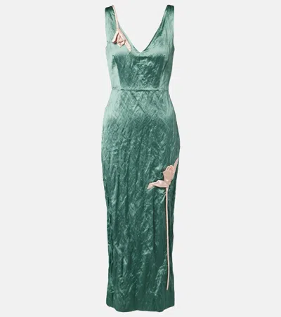 Erdem Floral-appliqué Satin Midi Dress In Green