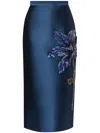 Erdem Beaded Floral Silk Midi Pencil Skirt In Navy