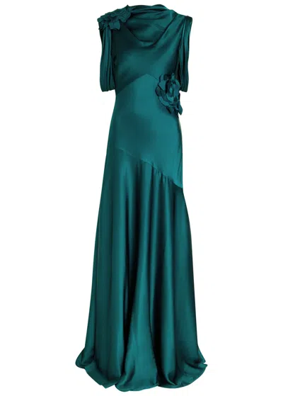 Erdem Floral-appliquéd Draped Satin Gown In Green