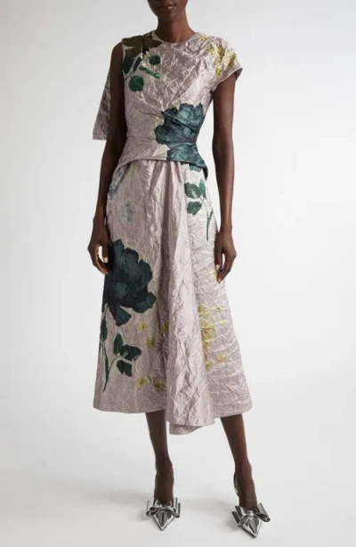 Erdem Floral Asymmetric Textured Satin Midi Dress In Margot Floral Lilac