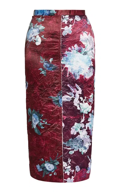 Erdem Floral-collage Satin Midi Skirt In Burgundy