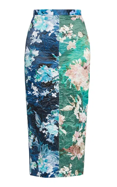 Erdem Floral-collage Satin Pencil Midi Skirt In Navy