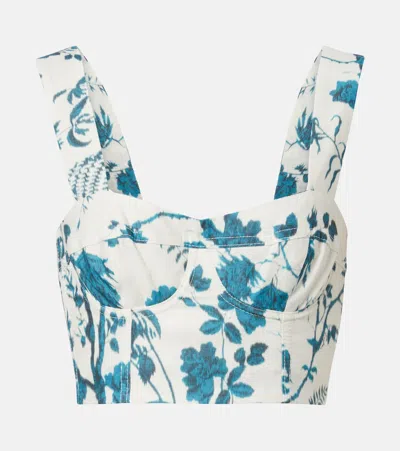 Erdem Crop Floral-print Cotton And Linen-blend Top In Blue