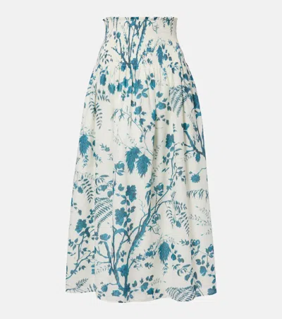 Erdem Floral Cotton And Linen Midi Skirt In Blue