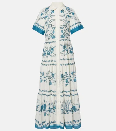 Erdem Womens Wild Fern Bot Dream Blue Botanical-print Tiered Cotton And Linen-blend Midi Shirt Dress In White