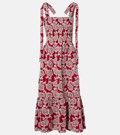 Erdem Floral Embroidered Tiered Cotton Blend Midi Sundress In Red