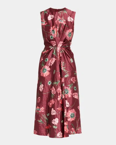 Erdem Floral Crinkled Satin Gathered Sleeveless Midi Dress In Belle Epoque Poppy Ruby Red